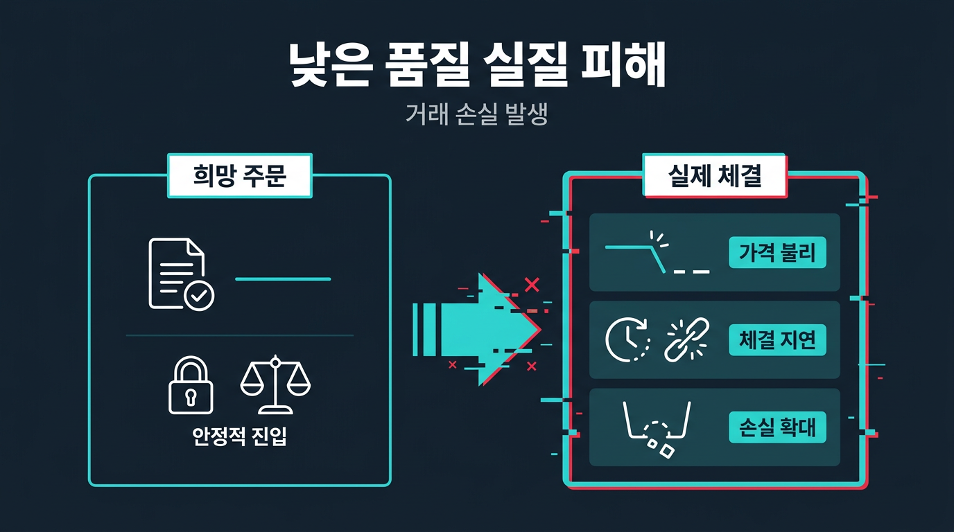 체결 품질이 낮으면 미니업체 거래에서 실제로 어떤 문제가 생기나요? 설명 이미지