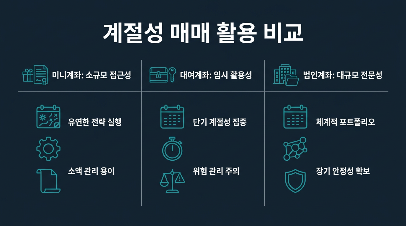 미니계좌·대여계좌·법인계좌는 계절성 매매에 어떻게 다르게 활용되는가? 설명 이미지