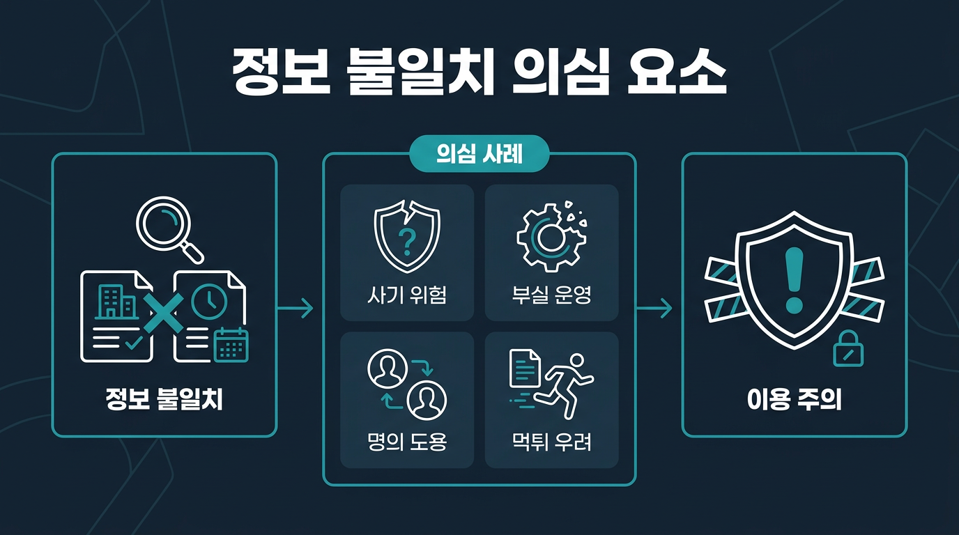 사업자 정보와 실제 운영 기간이 다르게 나오면 무엇을 의심해야 하나? 설명 이미지