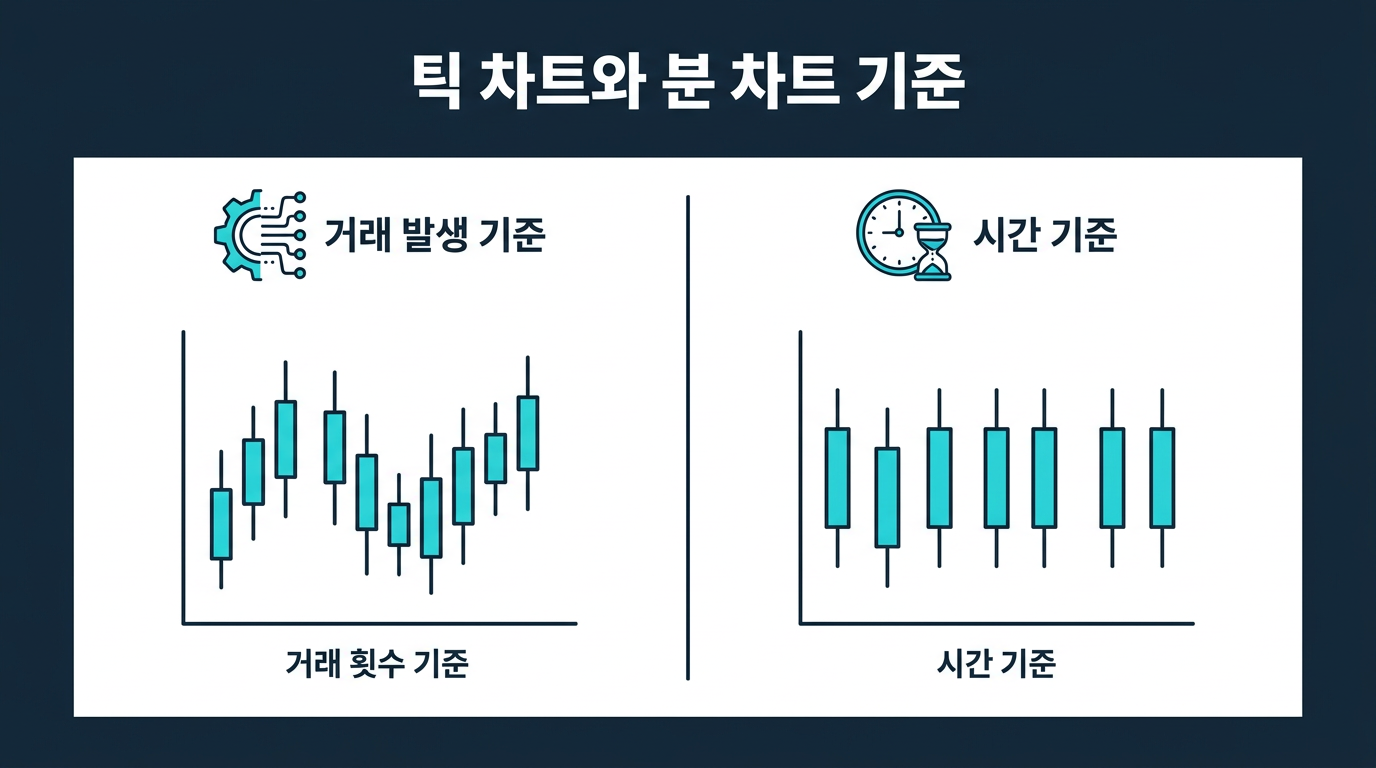 틱 차트와 분 차트는 기준 자체가 다른가? 설명 이미지