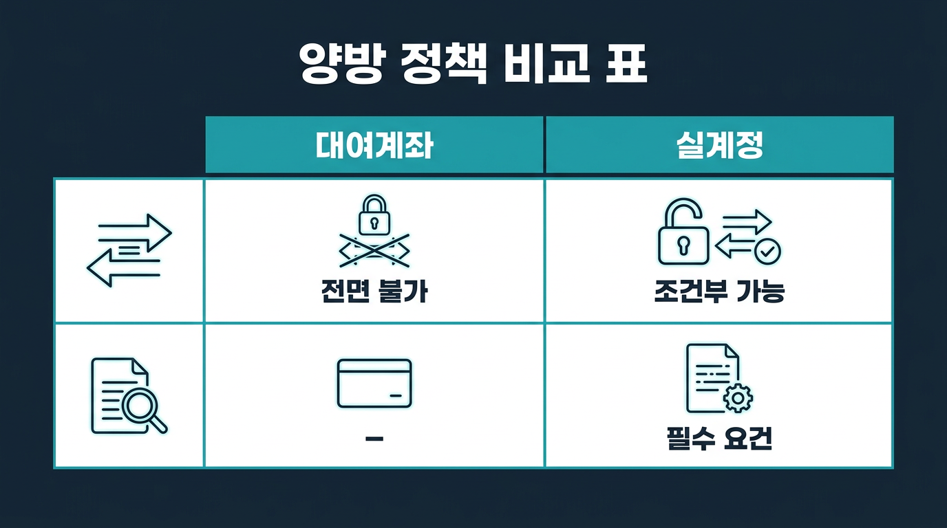 대여계좌와 실계정의 양방 정책은 표로 비교하면 어떻게 다른가? 설명 이미지