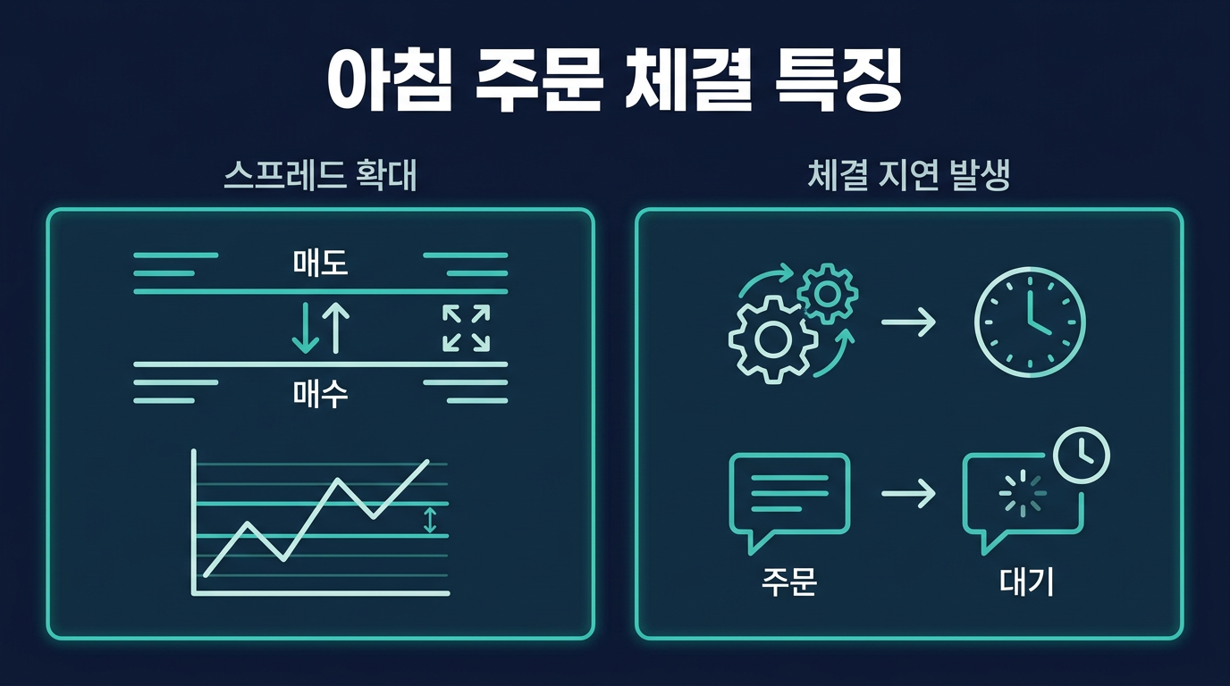 미니계좌로 아침 시간대에 주문을 넣을 때 스프레드와 체결은 어떻게 달라지는가? 설명 이미지