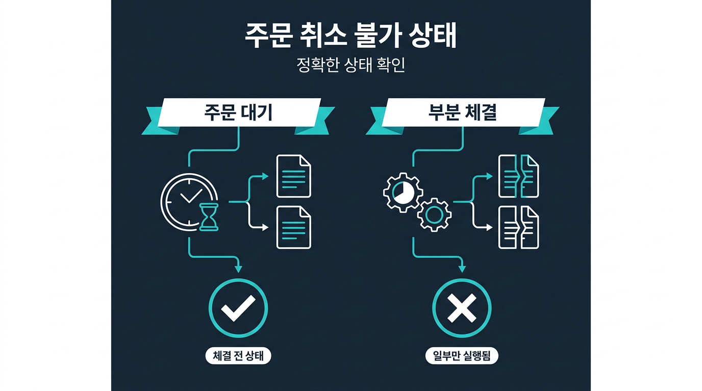 주문 취소가 막히는 것은 정확히 어떤 상태를 말하나? 설명 이미지