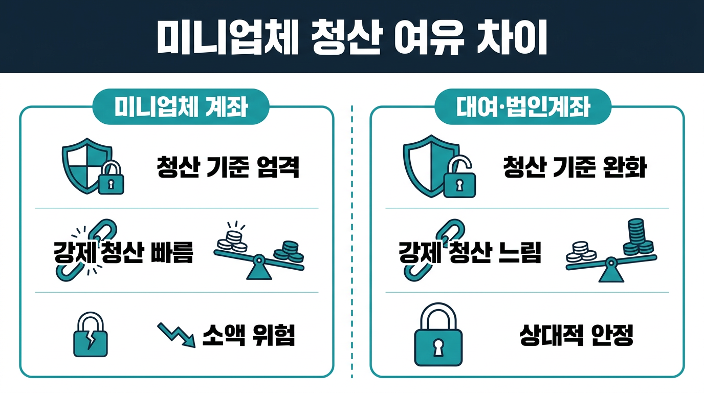 미니업체 계좌와 대여계좌·법인계좌는 청산 여유가 어떻게 다른가요? 설명 이미지