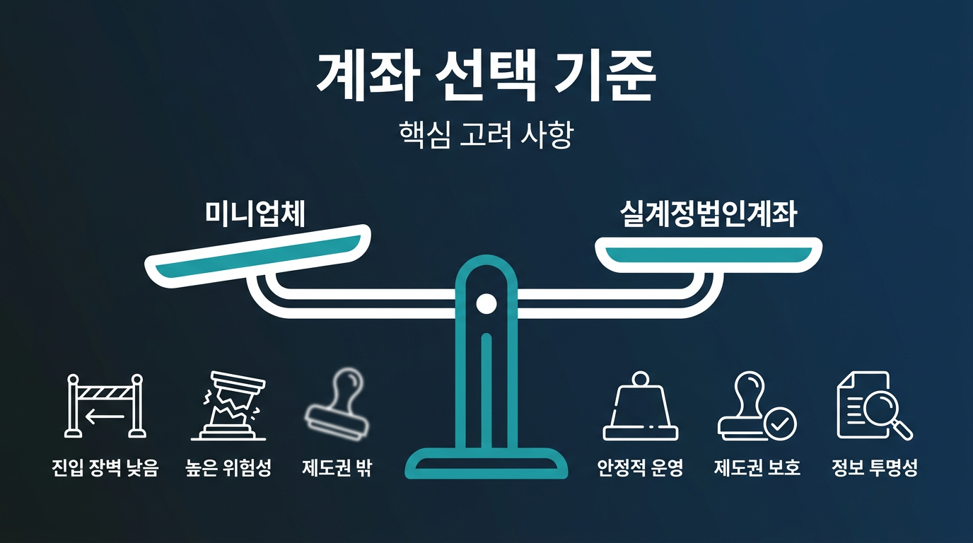 어떤 기준으로 미니업체와 실계정법인계좌를 선택하는가? 설명 이미지