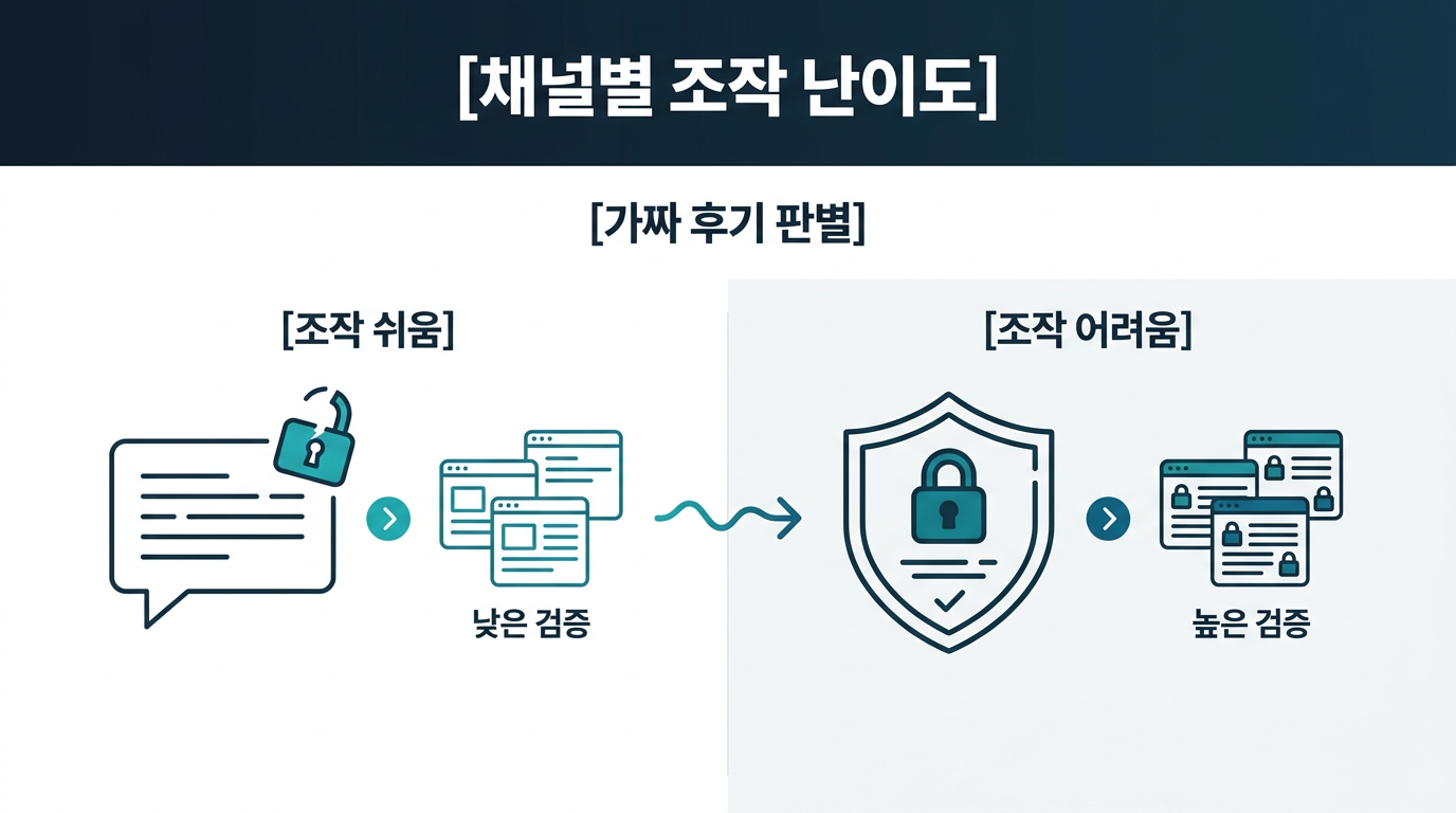 채널별로 후기 조작 난이도가 다르다는 것은 무슨 의미일까? 설명 이미지