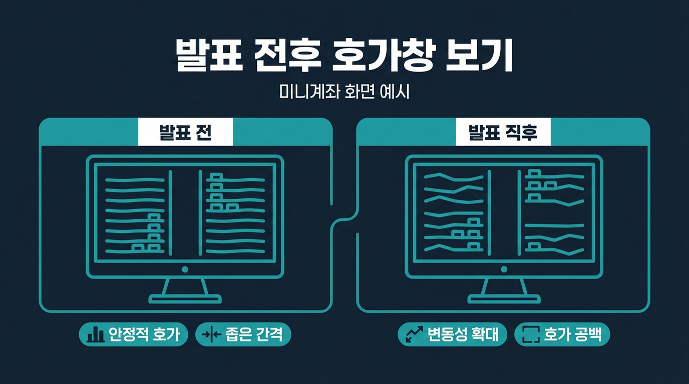 발표 전후 호가 움직임을 미니계좌 화면에서 어떻게 확인하는가? 설명 이미지