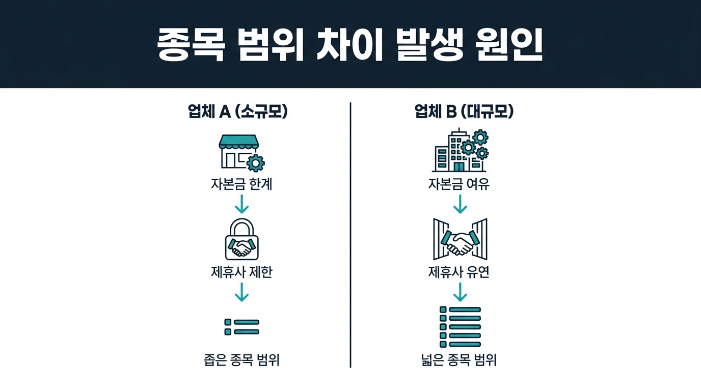 업체별 취급 종목 범위 차이는 왜 발생하나요? 설명 이미지