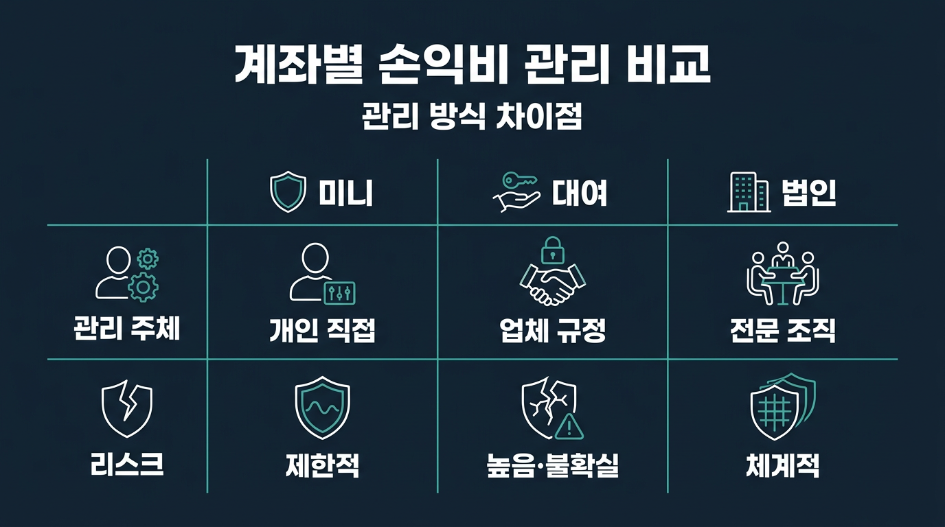 미니계좌와 대여계좌·법인계좌는 손익비 관리 방식이 어떻게 다른가? 설명 이미지