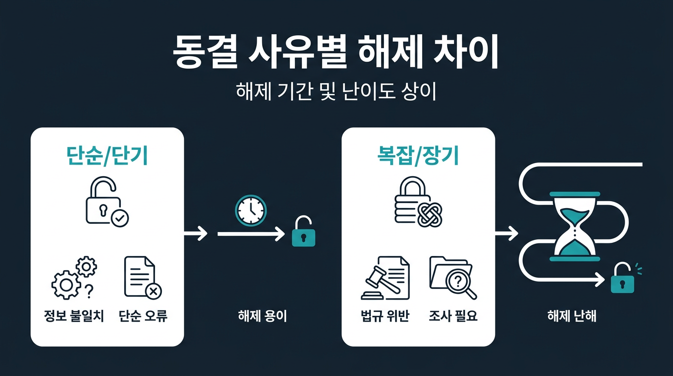 동결 사유별로 해제 소요 기간과 난이도가 다른가요? 설명 이미지