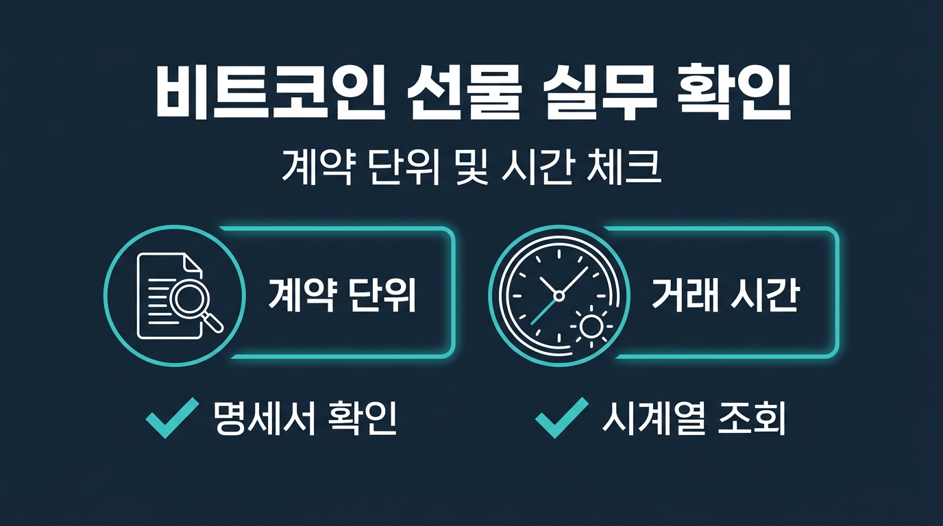 CME 비트코인 선물의 계약 단위와 거래 시간은 실무에서 어떻게 확인하나요? 설명 이미지