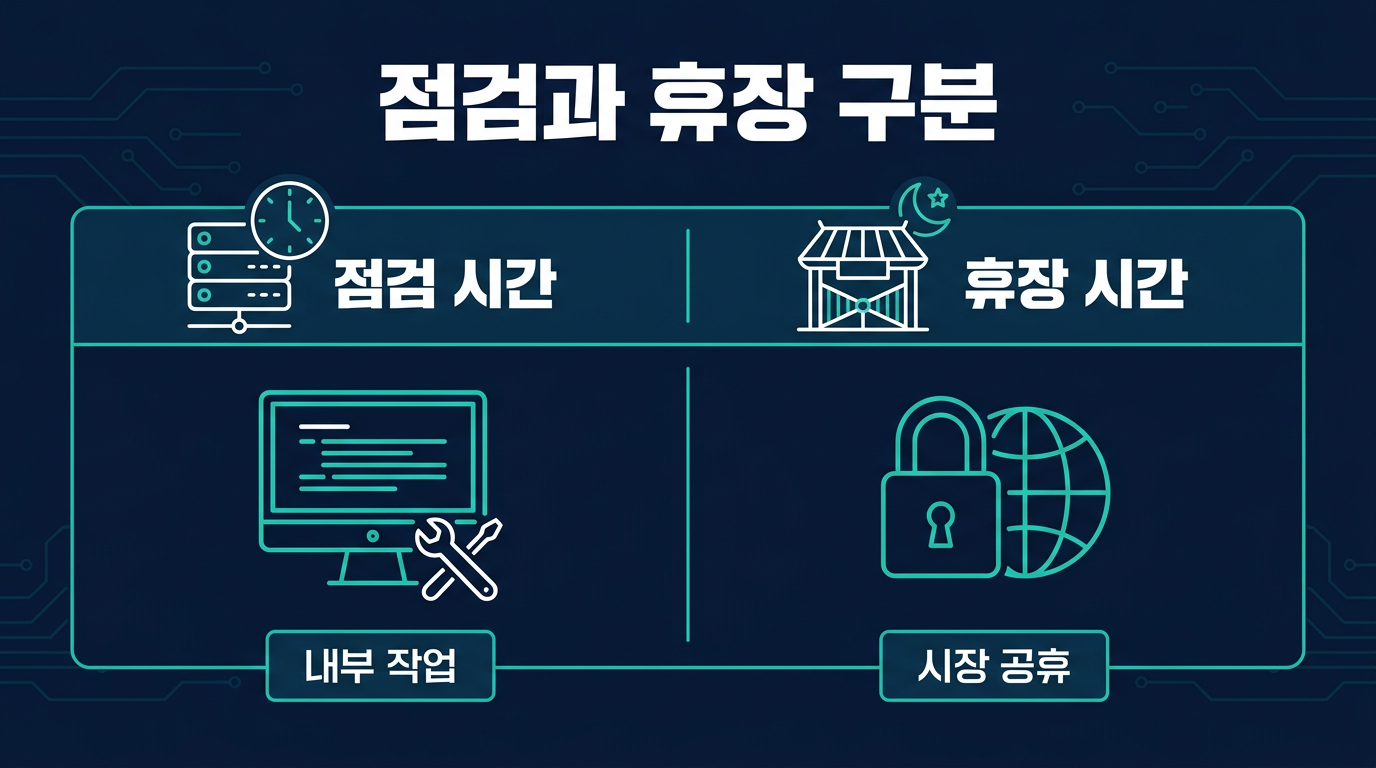 점검 시간과 거래소 휴장 시간은 어떻게 구분해야 하는가? 설명 이미지