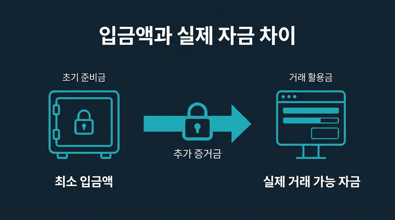 최소 입금액과 실제 거래 가능 자금은 왜 다른가? 설명 이미지