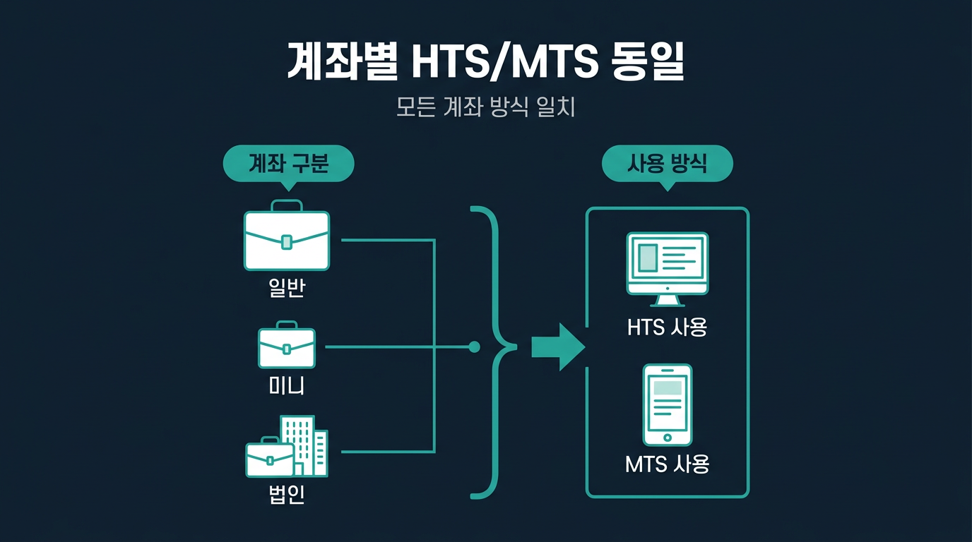 미니계좌·법인계좌에서도 HTS·MTS 사용 방식이 같은가? 설명 이미지