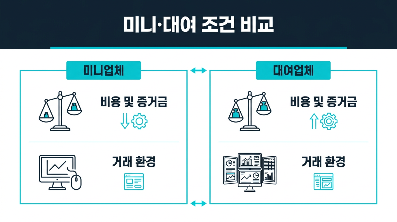 미니업체 조건을 확인할 때 대여업체와 비교해 어떤 항목을 봐야 하나요? 설명 이미지