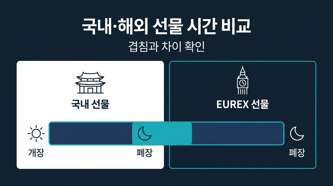 국내 다른 선물상품과 EUREX 거래시간은 어떻게 겹치거나 차이나는가? 설명 이미지