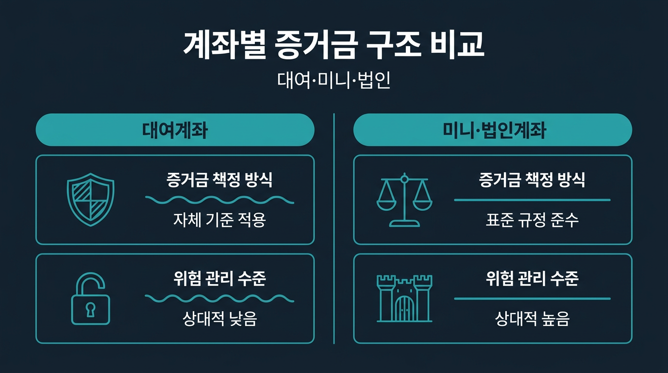 대여계좌와 미니계좌·법인계좌의 증거금 구조는 어떻게 다른가요? 설명 이미지
