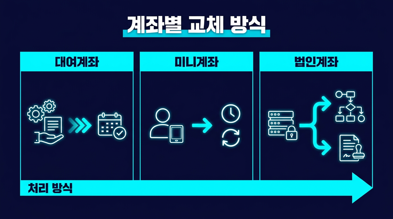 대여계좌·미니계좌·법인계좌는 월물 교체 처리 방식이 다른가요? 설명 이미지