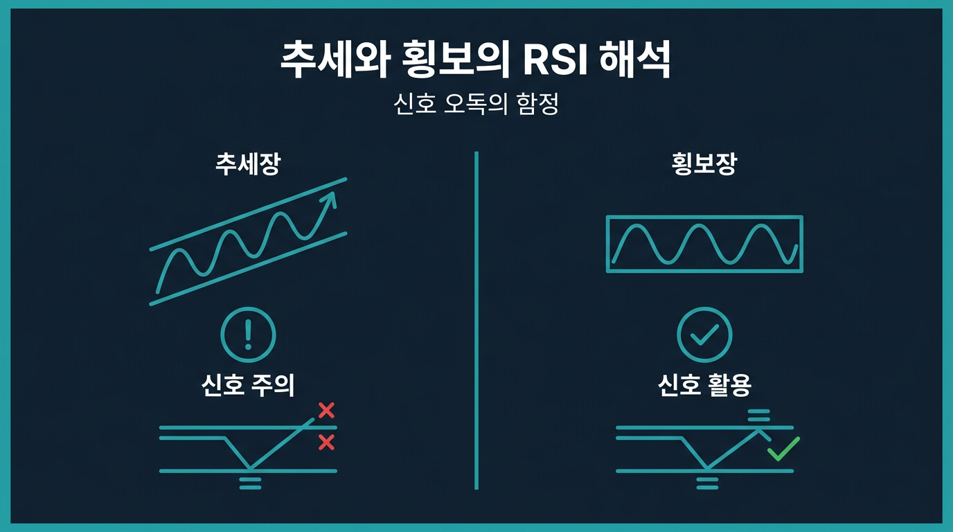 추세장과 횡보장에서 RSI 신호는 어떻게 다르게 해석해야 하는가? 설명 이미지