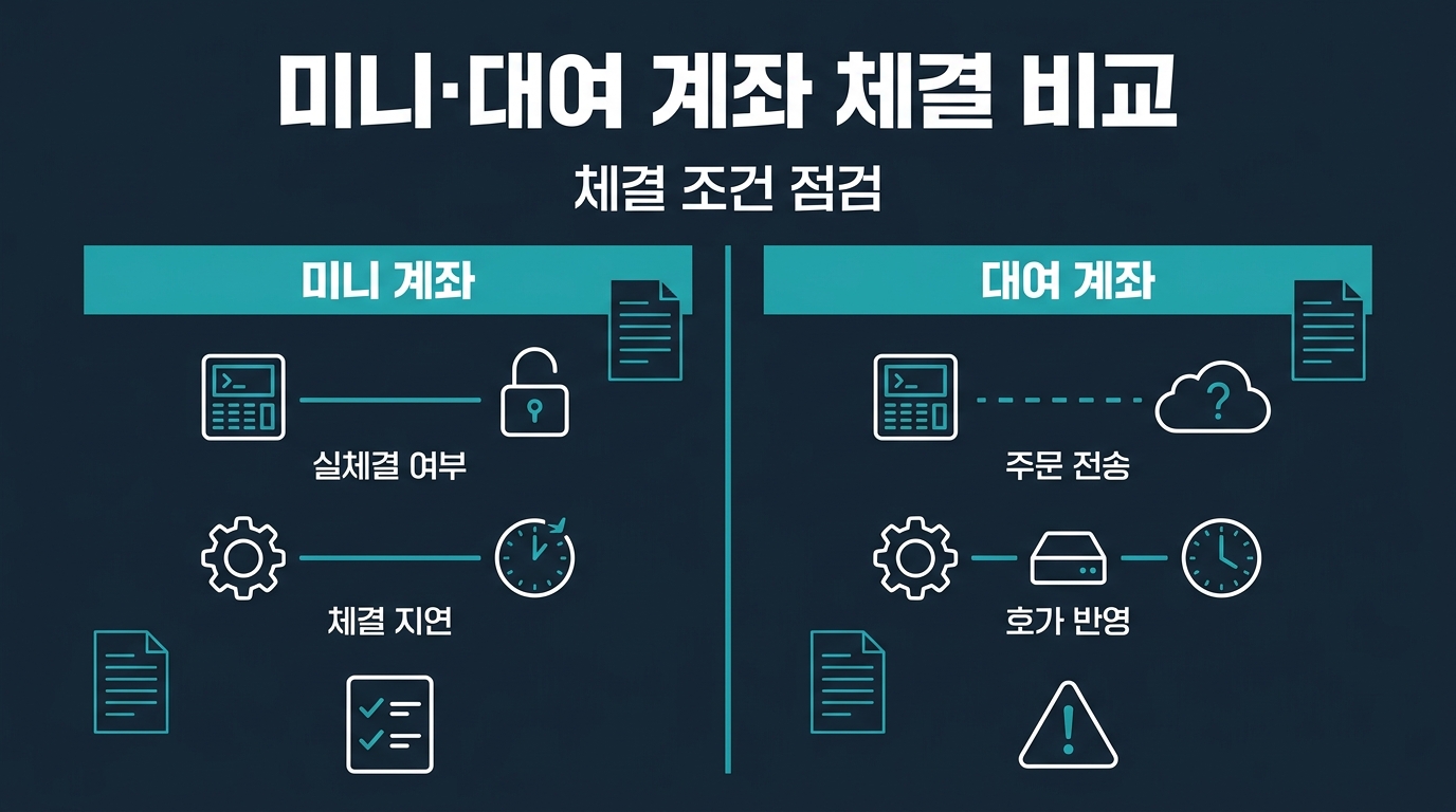 미니계좌와 대여계좌의 체결 조건은 어떻게 비교하나요? 설명 이미지