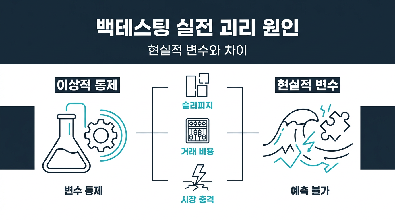 백테스팅 결과가 실계정에서 재현되지 않는 이유는 무엇인가? 설명 이미지