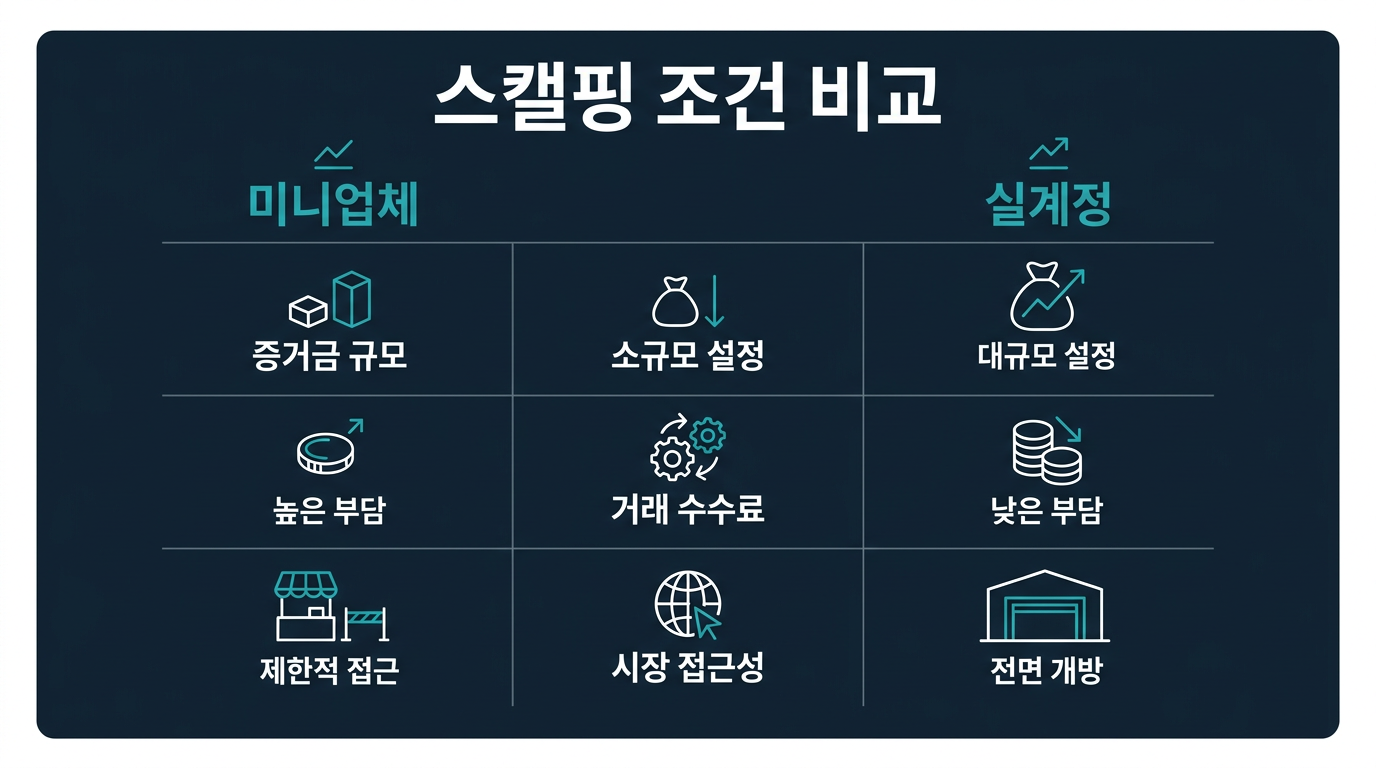 미니업체와 실계정의 스캘핑 조건은 표로 어떻게 비교되는가? 설명 이미지