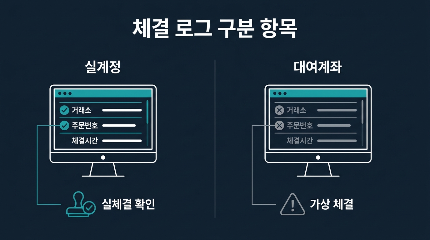 체결 로그에서 실체결 여부는 어떤 항목으로 구분하는가? 설명 이미지