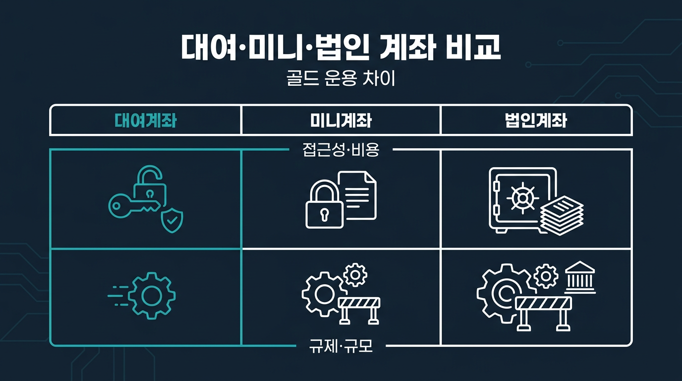 미니계좌·법인계좌와 비교하면 대여계좌의 골드 운용은 어떤 차이가 있나요? 설명 이미지