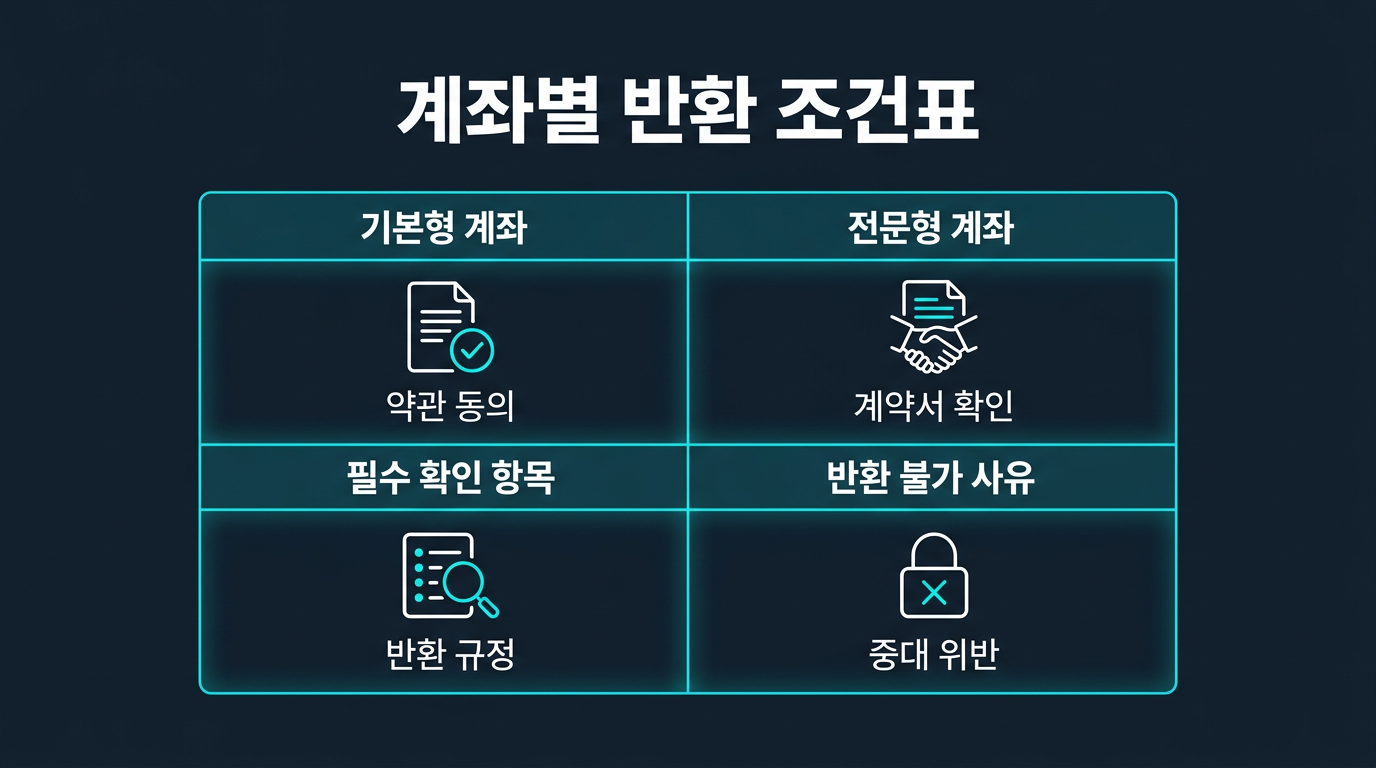 표로 보는 계좌별 증거금과 반환 확인 항목 설명 이미지