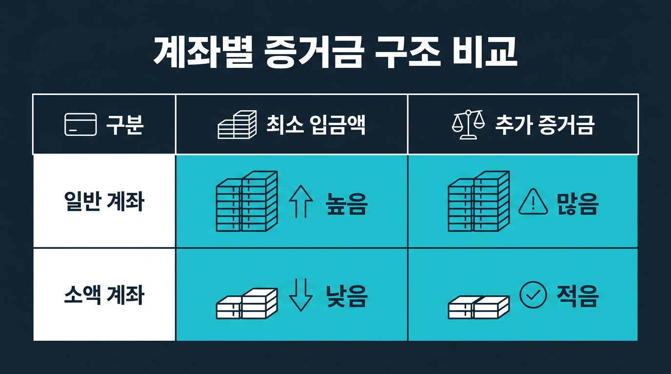 계좌 유형별 최소 입금액과 증거금 구조는 표로 어떻게 비교되는가? 설명 이미지
