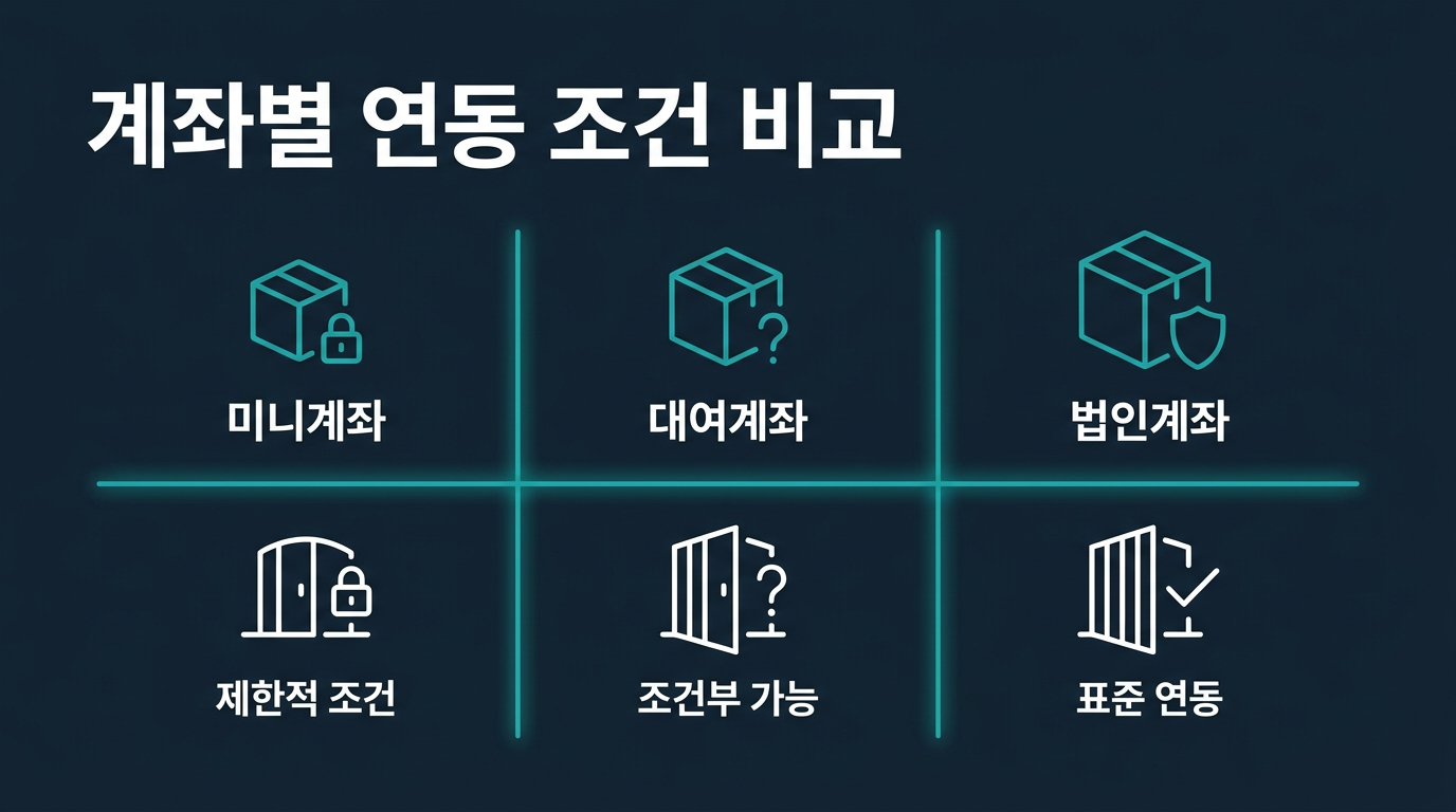 미니계좌·대여계좌·법인계좌는 연동 조건이 어떻게 다른가? 설명 이미지