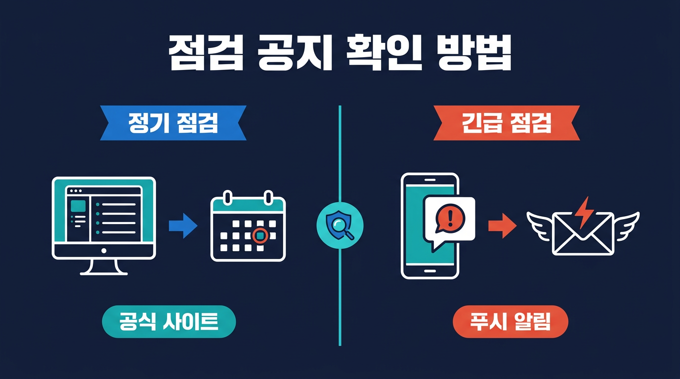 정기 점검과 긴급 점검 공지는 어떻게 다르게 확인하는가? 설명 이미지